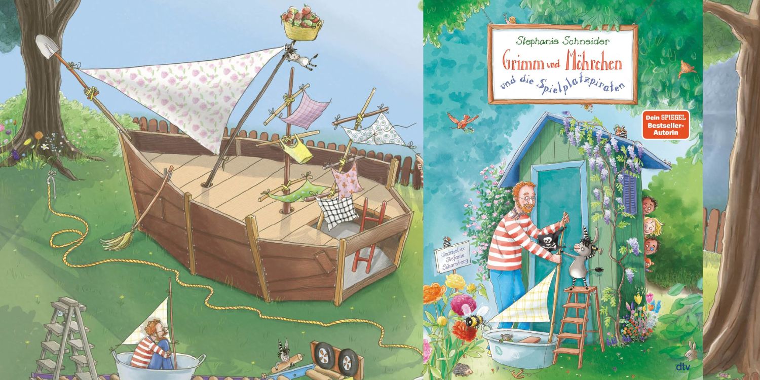 Das Buchcover und eine Buchseite. Man sieht den Garten und, wie dort ein Piratenschiff gebaut wird.