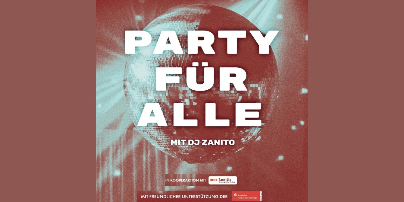 Discokugel in rot gefärbt mit Schriftzug: Party für Alle mit DJ Zanito