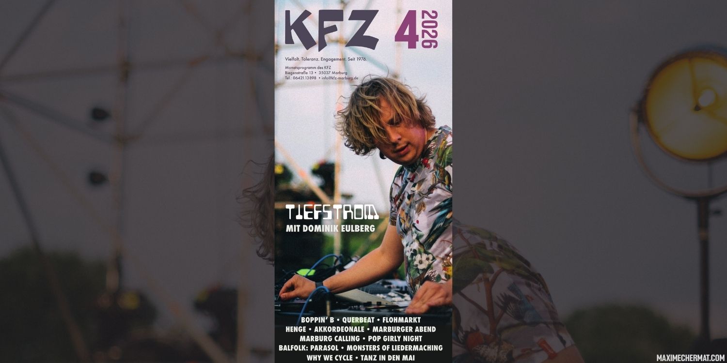 Das Cover des Programmflyer für April 2026 mit Dominik Eulberg. Er legt bei der Tiefstrom Party im April auf.