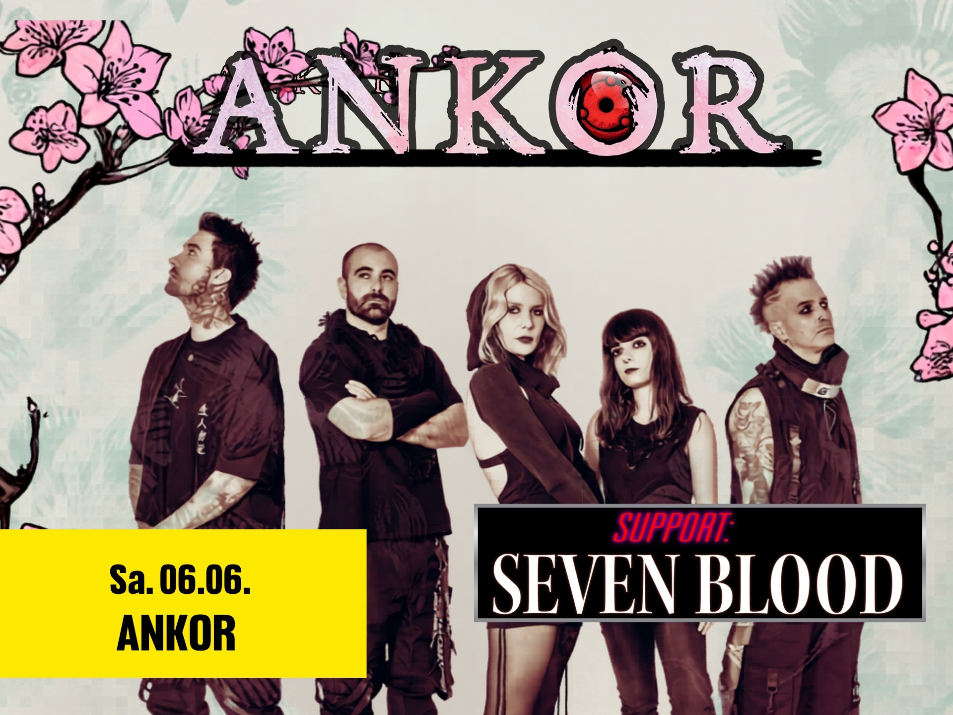 Die Band vor einem Hellen Hintergrund mit einzelnen pinken Blüten und der Überschrift "ANKOR"