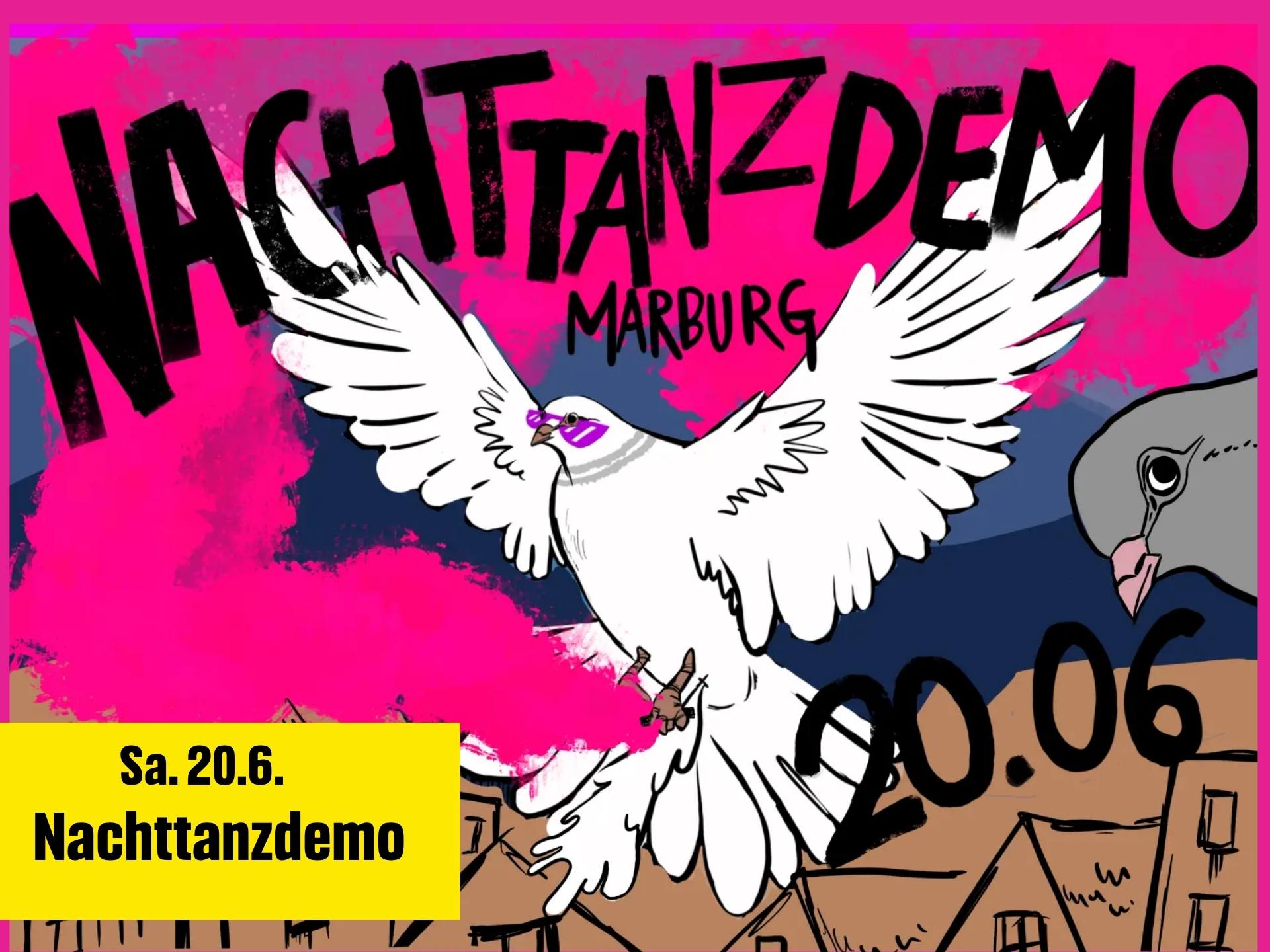 Bild vom Plakat. Gemalte weiße Taube, im Hintergrund die Umrisse Marburgs. Am 20.6.