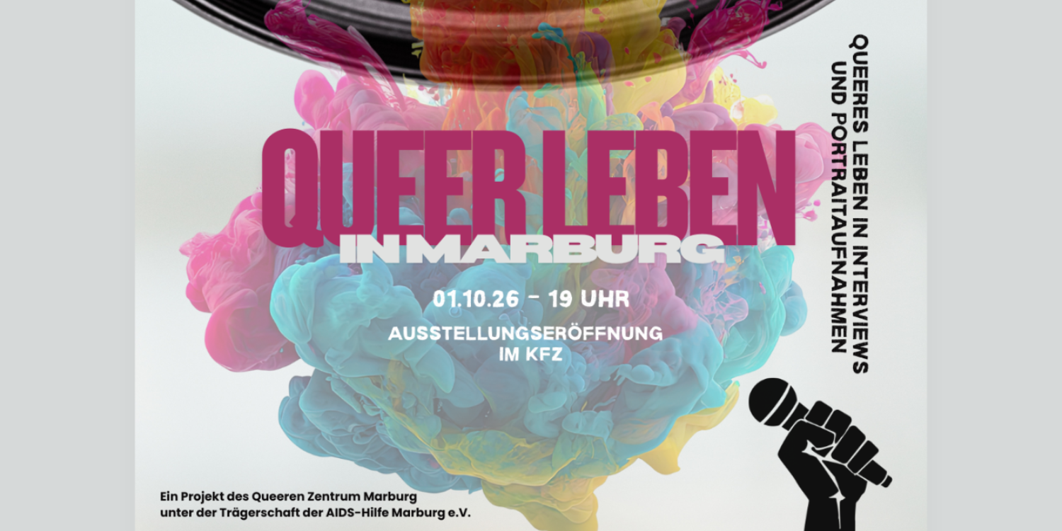Überschrift der Ausstellung auf buntem Hintergrund