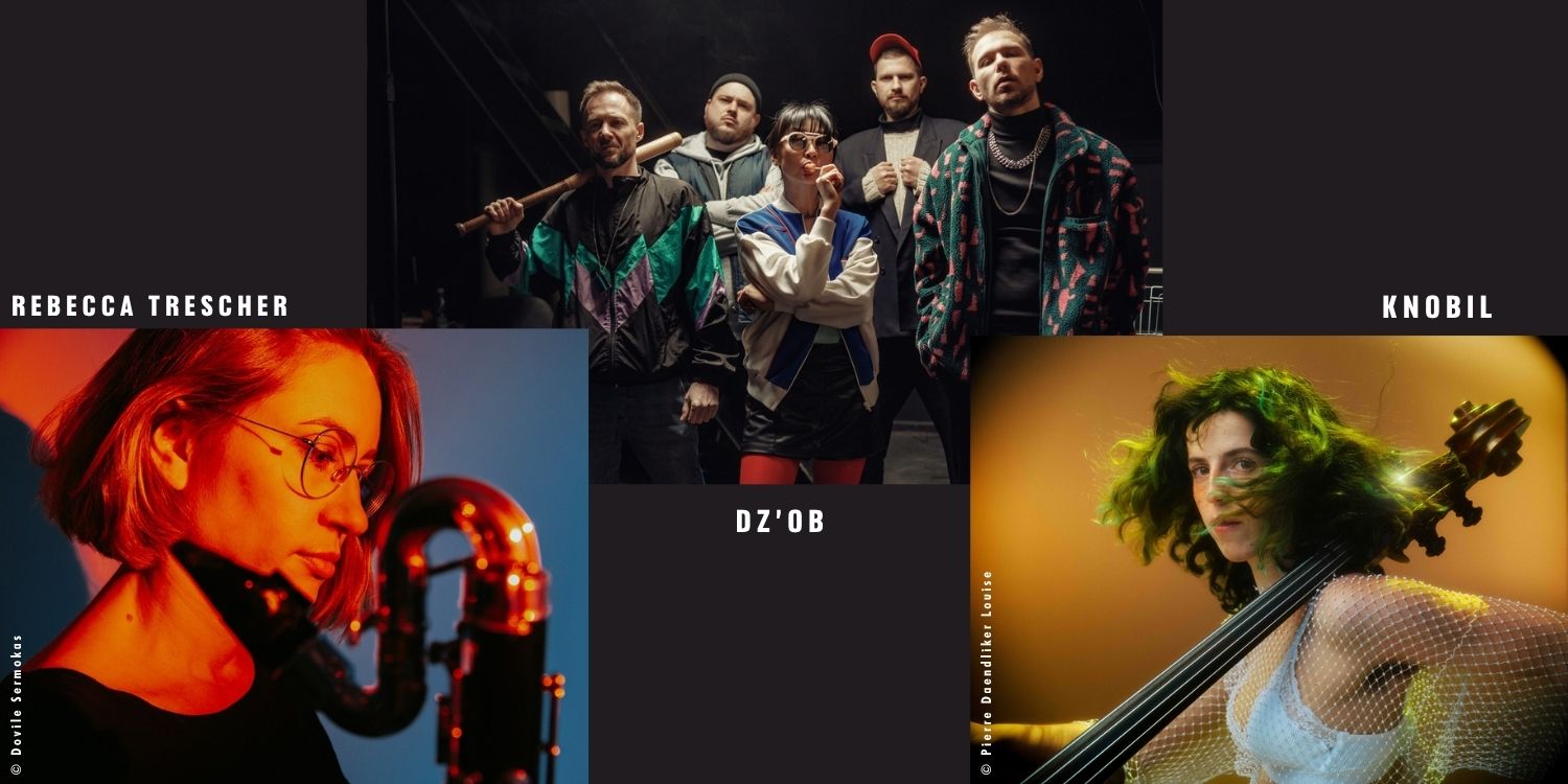 Collage der 3 auftretenden Acts: Rebecca Trescher, KNOBIL, DZ'OB