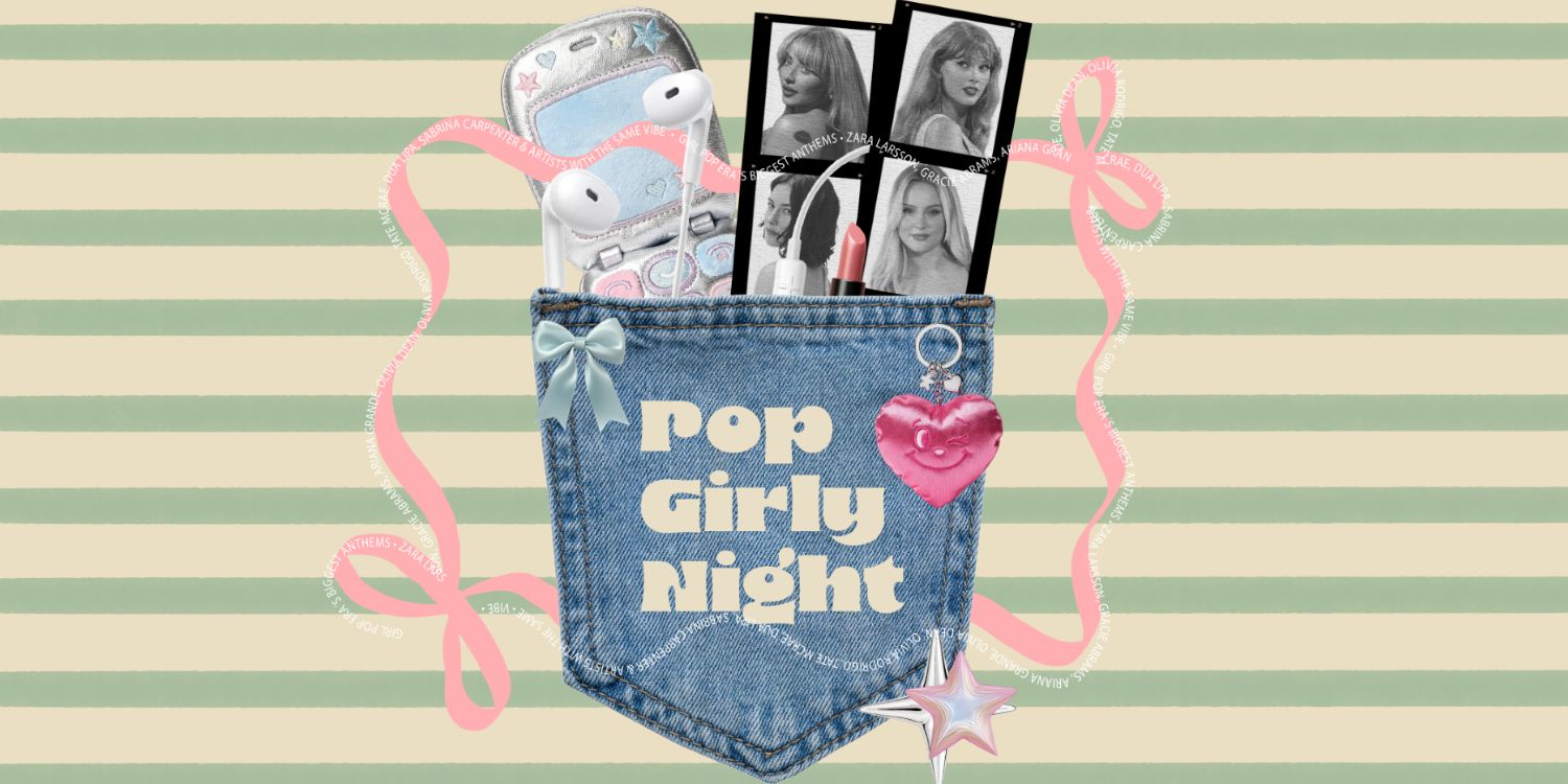 Jeanstasche mit Aufdruck: Pop Girly Night. Inhalt: Glitzerhandy und Fotostreifen mit Taylor Swift, Sabrina Carpenter und Billie Eilish drauf.