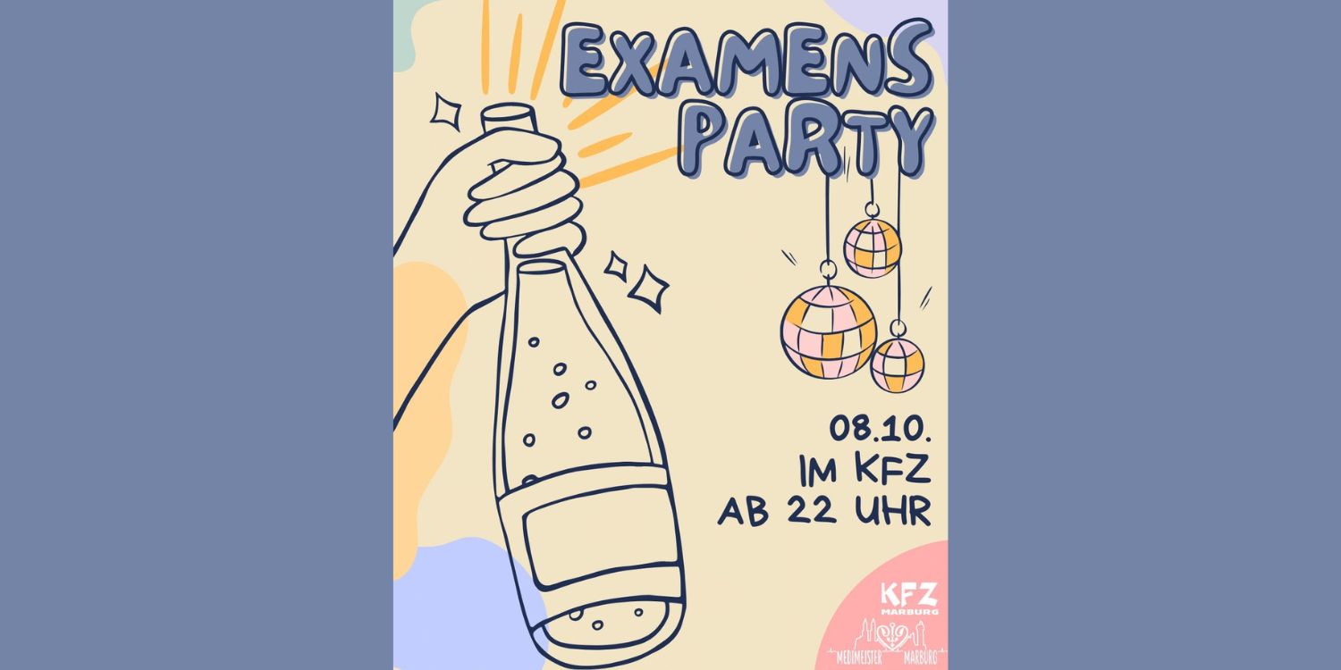 Plakat ExamensParty mit Discokugeln und Sektflasche und Mediameister-Logo.