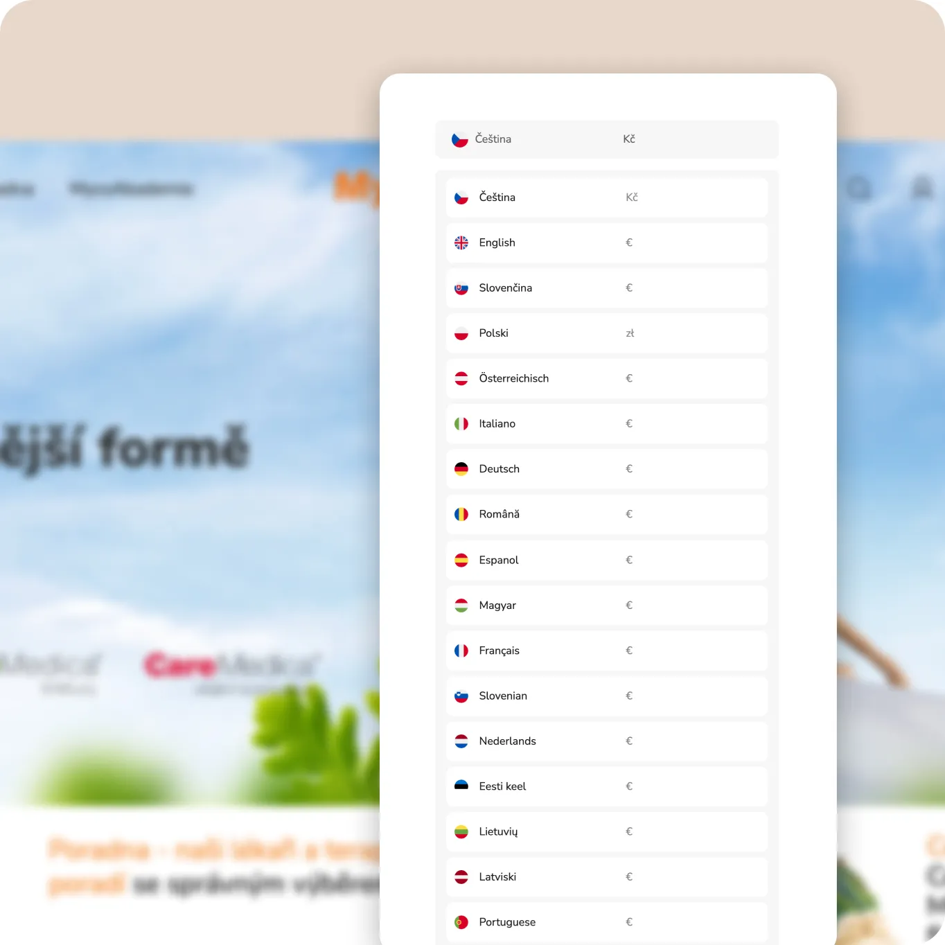 Seznam jazyků s odpovídající měnou: čeština, angličtina, slovenština, polština a další.