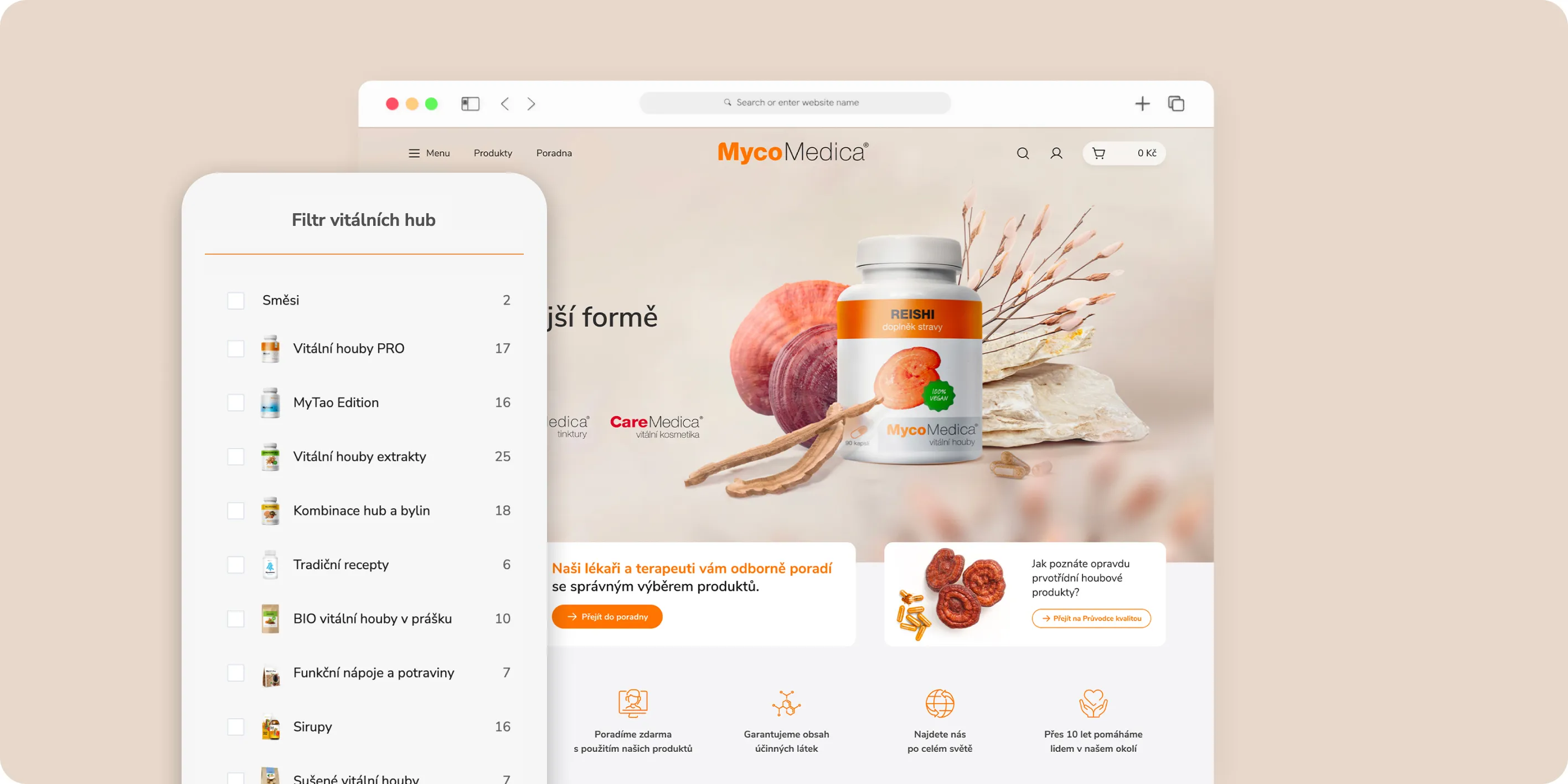 Webová stránka MycoMedica se zaměřením na produkty s vitálními houbami a filtr produktů vlevo.