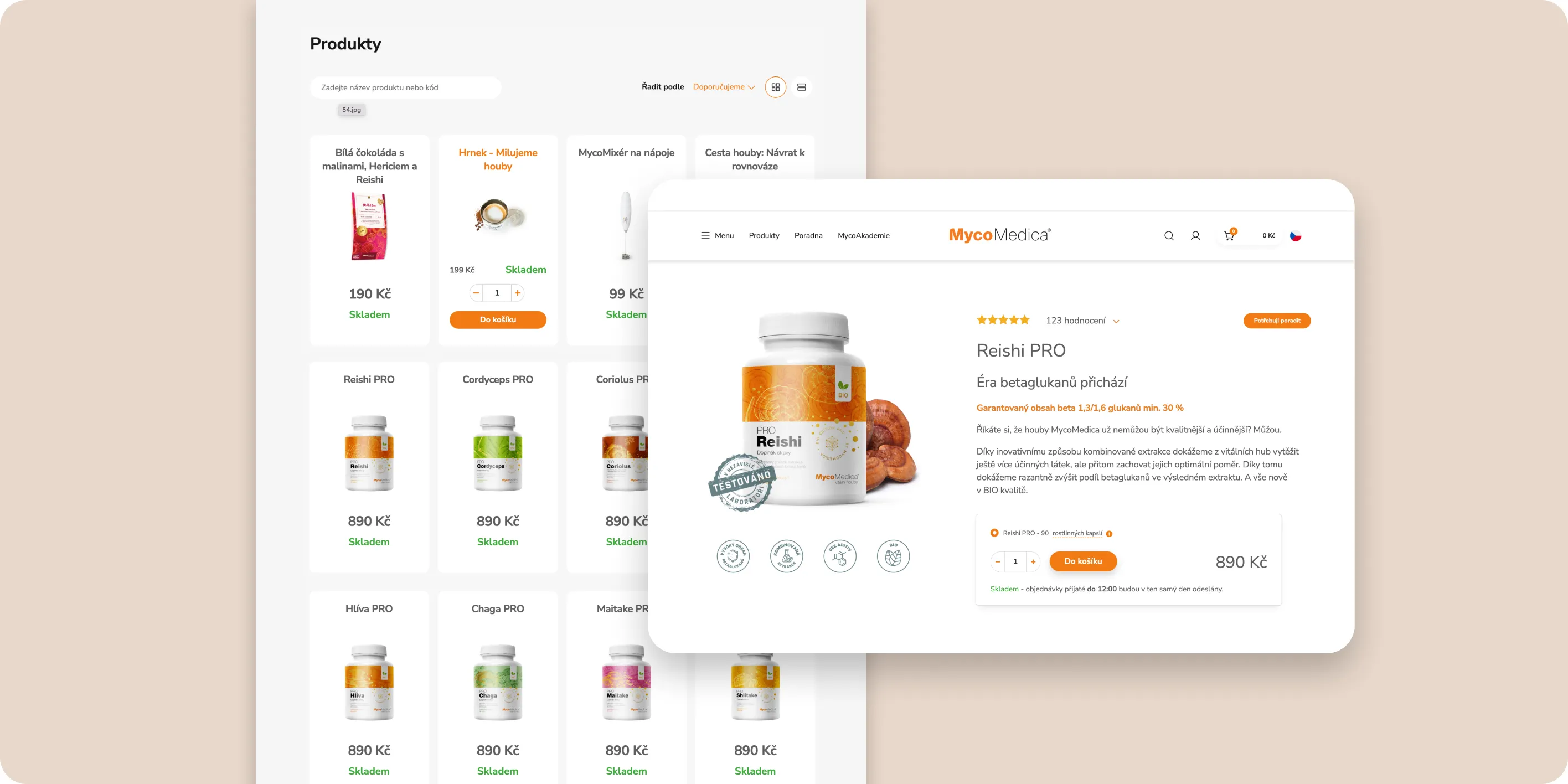 Produkty hub a doplňky stravy s cenami a detail Reishi PRO s hodnocením a popisem.