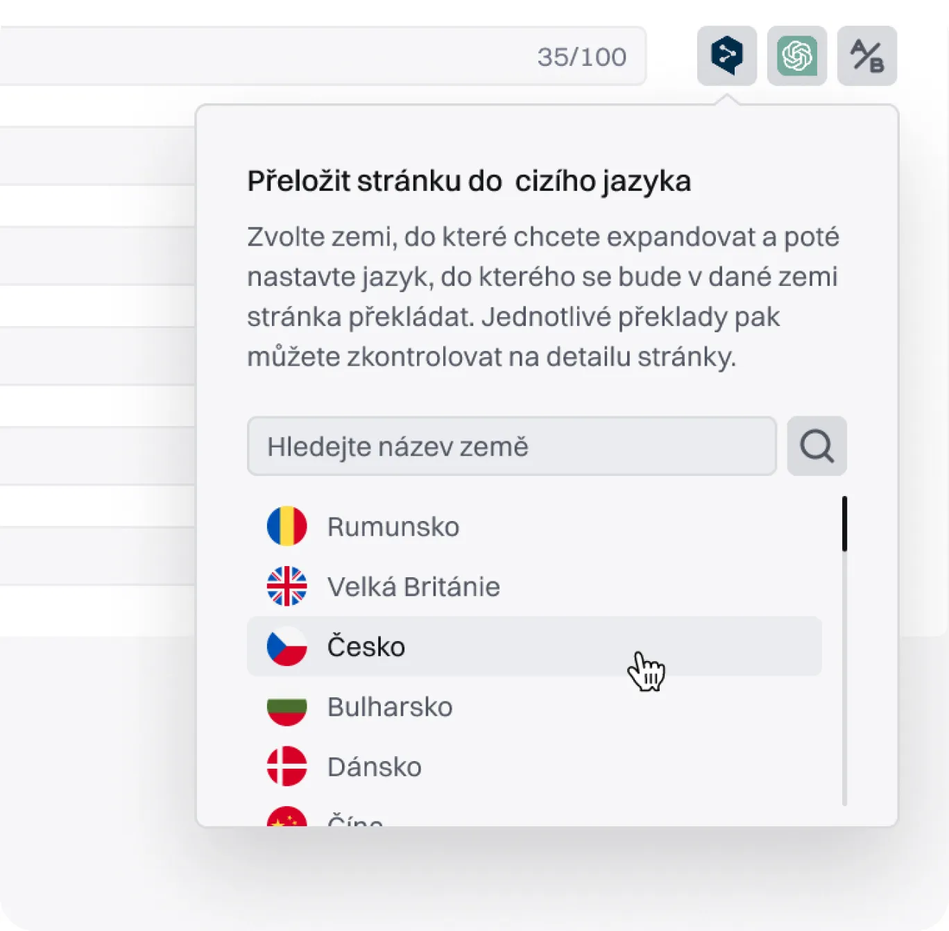 Menu pro překlad stránky s výběrem země a zvýrazněním České republiky s ukazatelem myši.