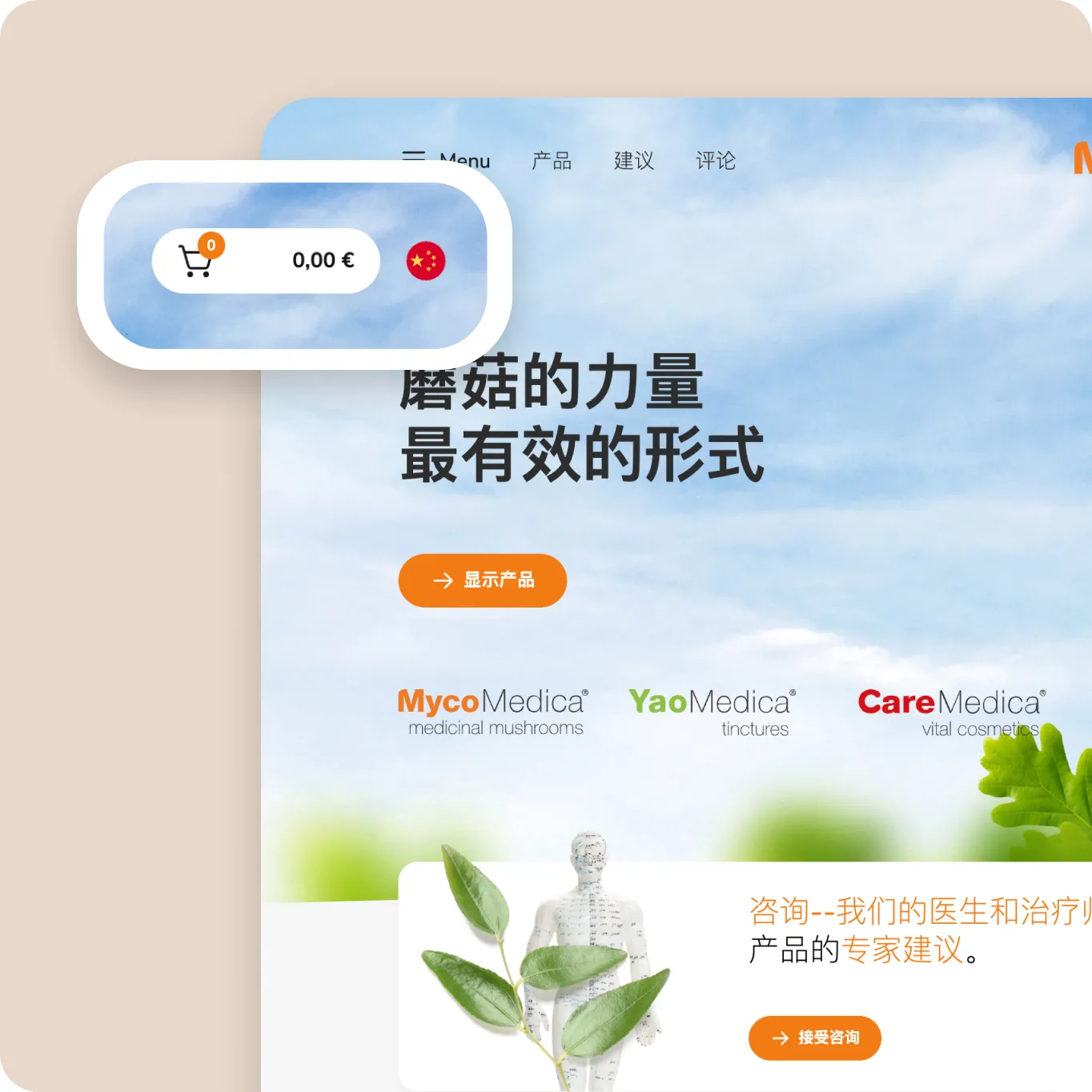 Obchodní web s nápisy a logy MycoMedica, YaoMedica a CareMedica, modrá obloha na pozadí.