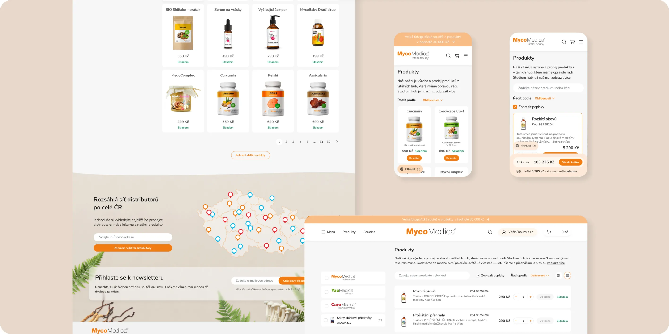 E-shop s produkty z vitálních hub, mapa distribuce v ČR a mobilní náhled e-shopu MycoMedica.