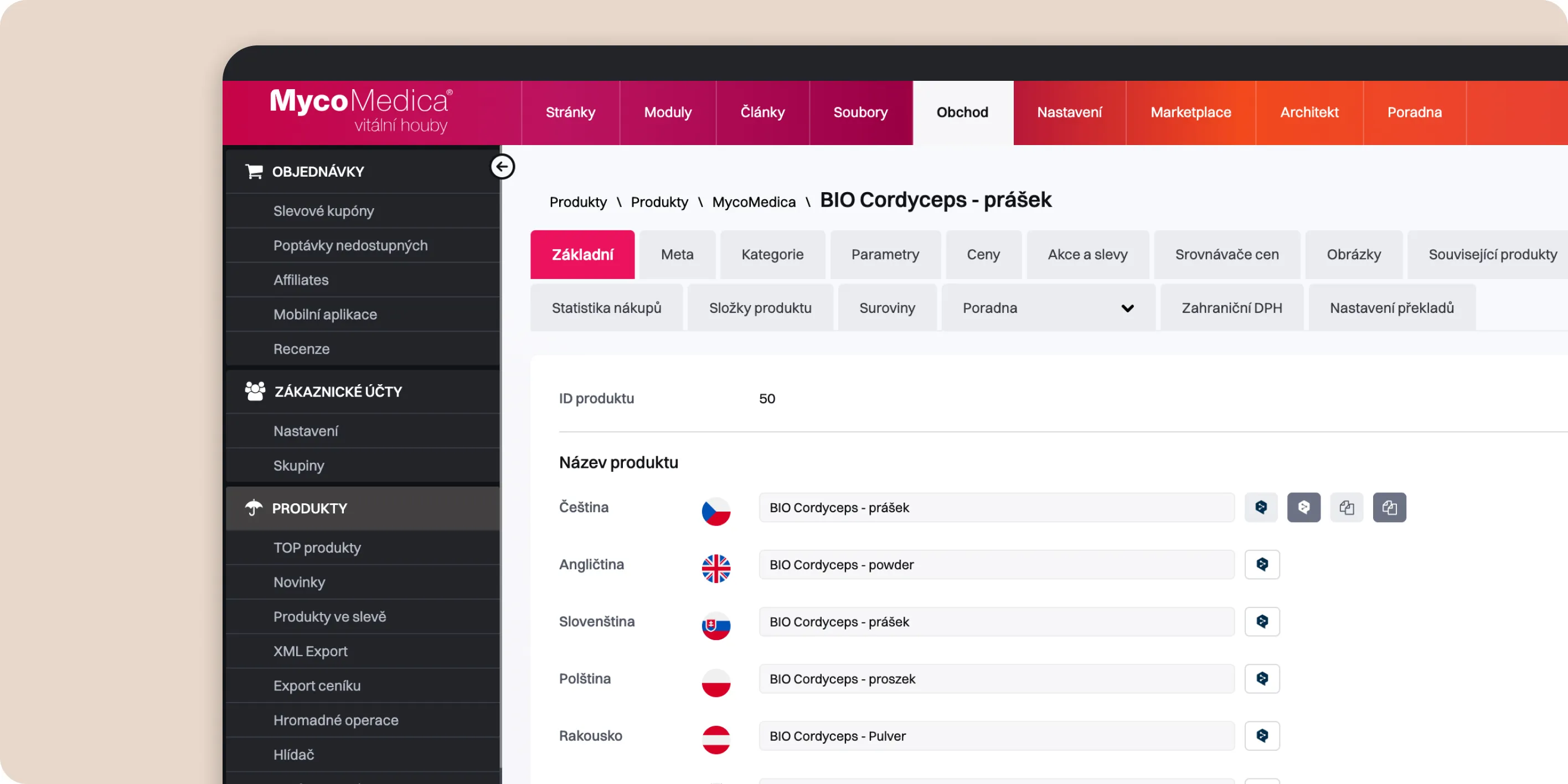 Administrace produktu BIO Cordyceps - prášek s názvy ve více jazycích a českou nabídkou kategorií.