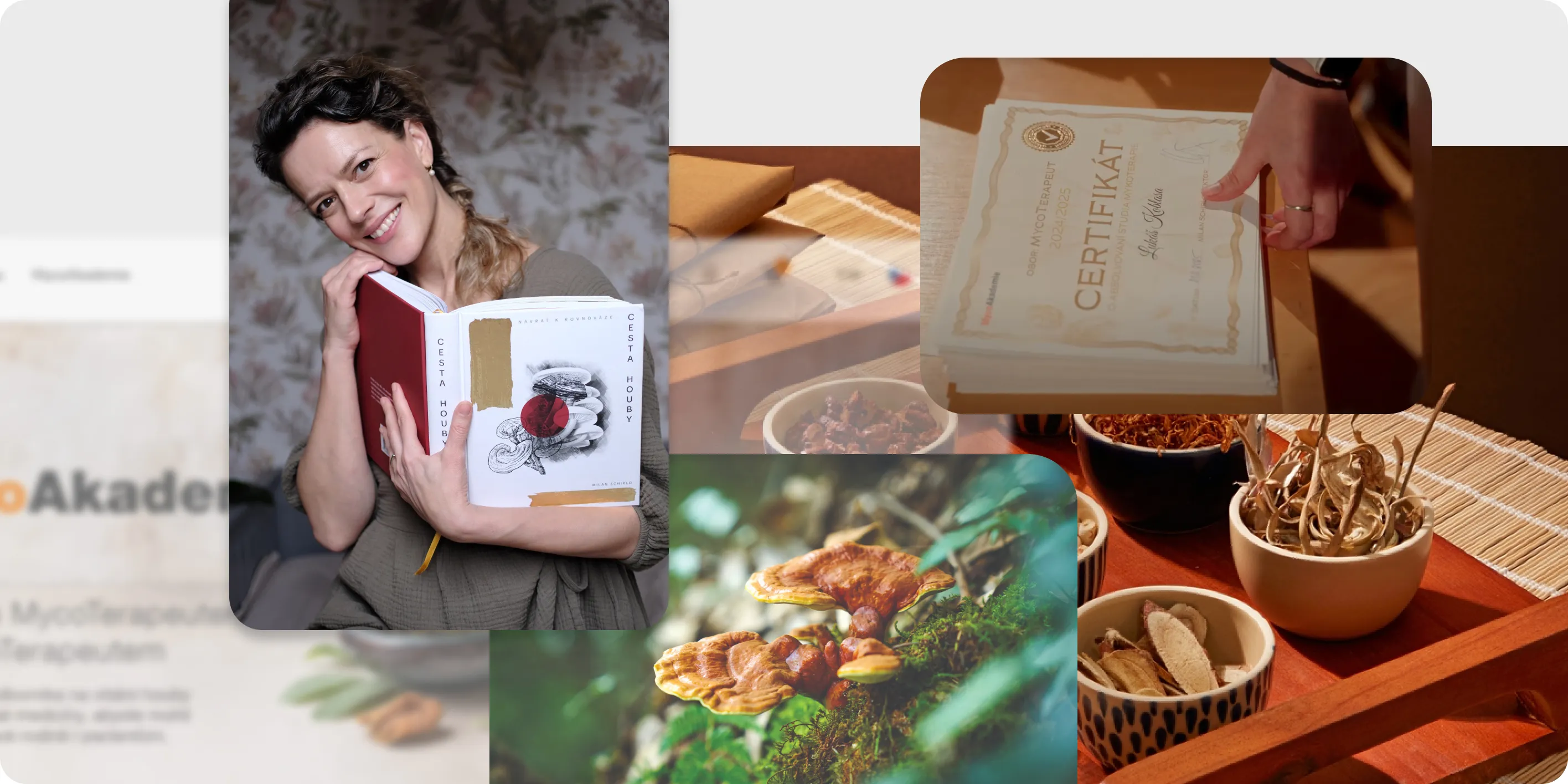 Žena objímá knihu o houbách, obklopena fotografiemi hub, certifikátu a sušených bylin ve miskách.