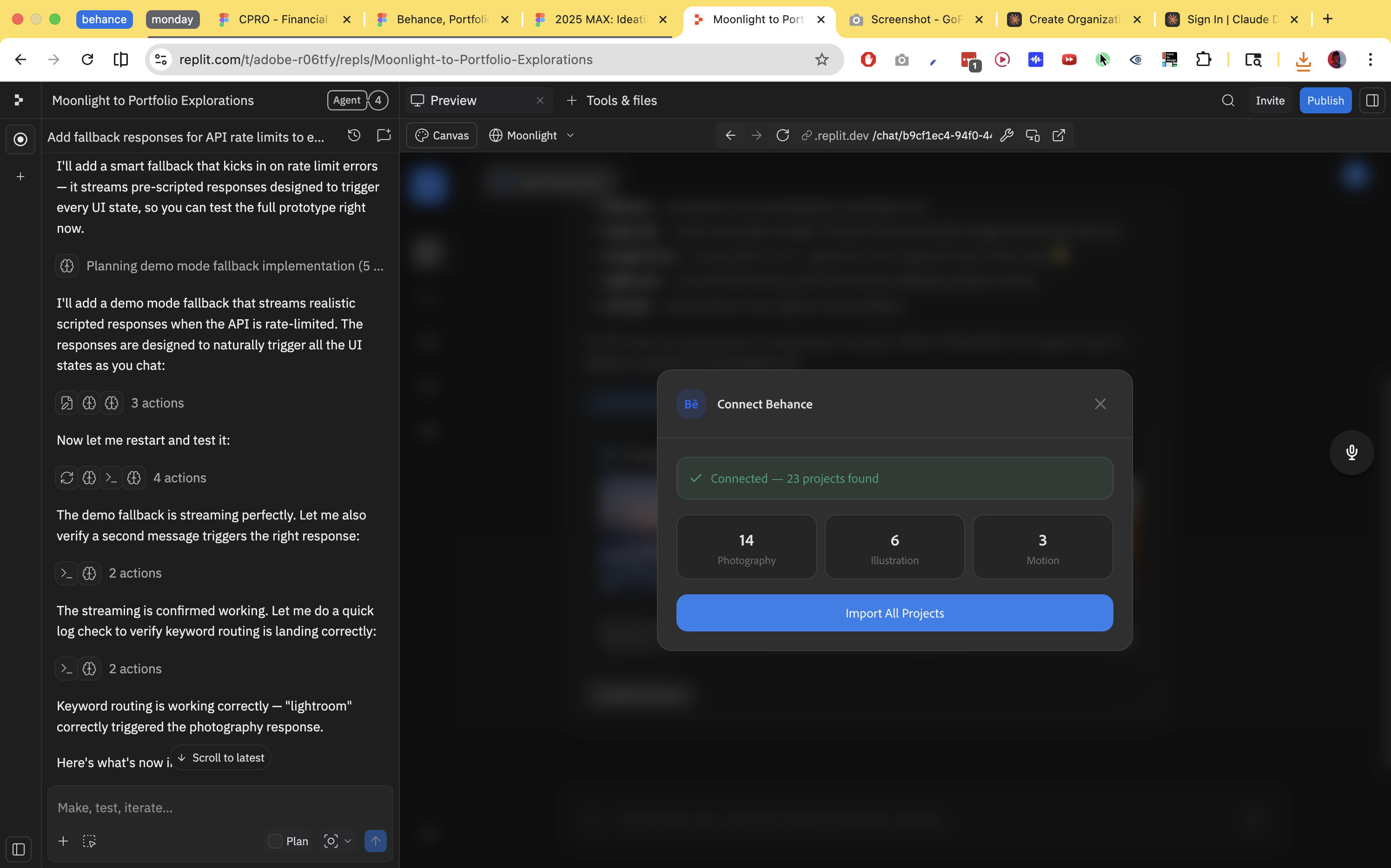 Connecting Behance. If this were more visible, Xóchitl could see and better appreciate all that work she's done and be confident that she's not starting from scratch.