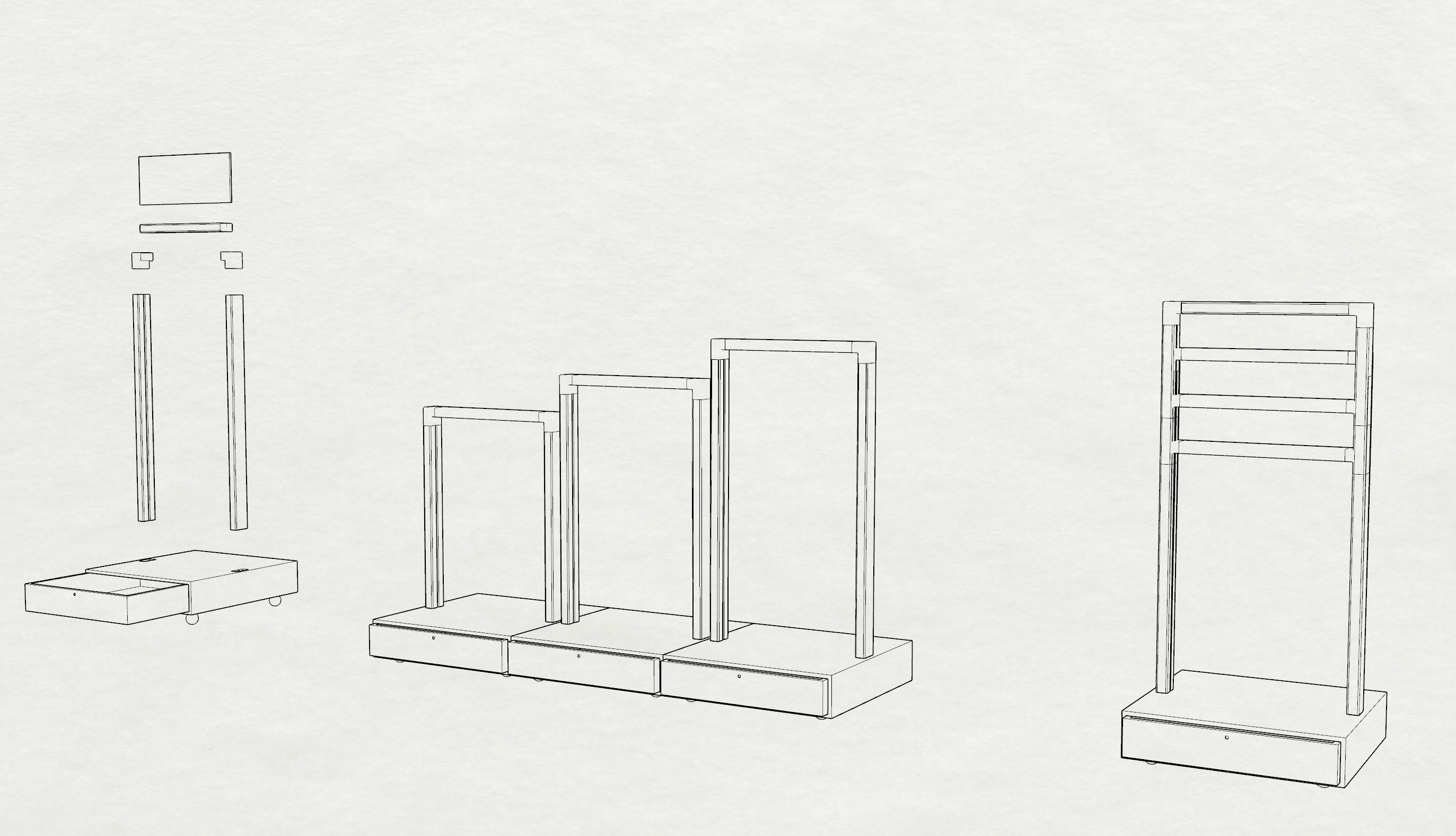 Exploded study of the telescoping system. Notice the channels, grooves, and drawers for cords.