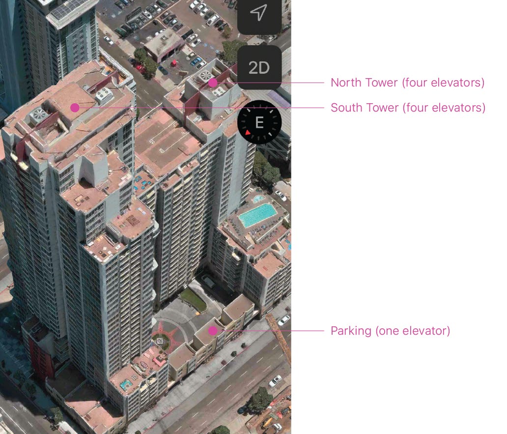 The location of the elevators, denoting the structural core of each building. The rooftop MEP systems are also visible.