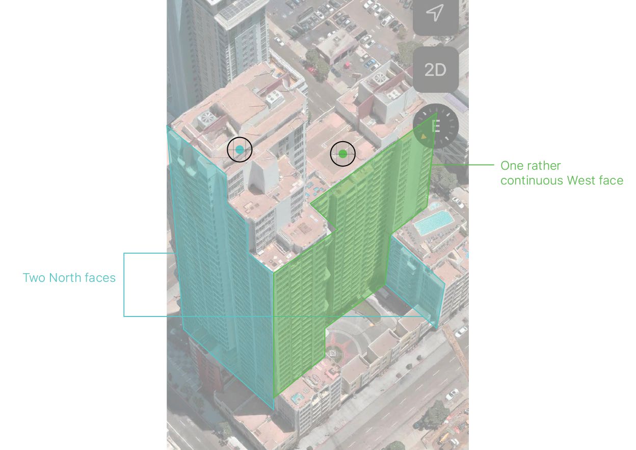 Mapping the north- and west-facing balconies, and proposed location of ultrasonic sensors.