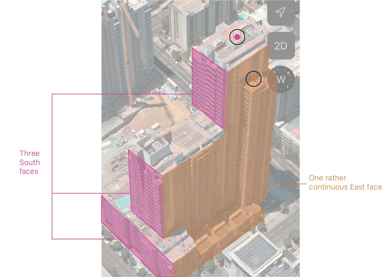 Mapping the south- and east-facing balconies, and proposed location of ultrasonic sensors.