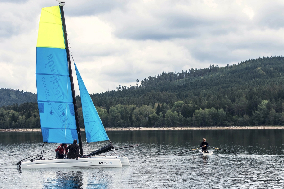 Catamaran with a yellow and blue sail on Lipno Lake