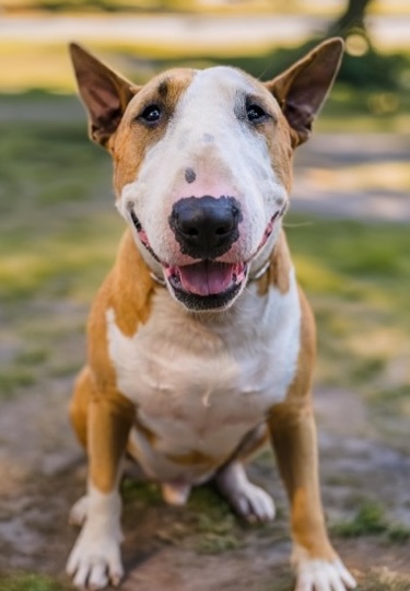 Ein braun-weisser Bullterrier schaut in die Kamera.