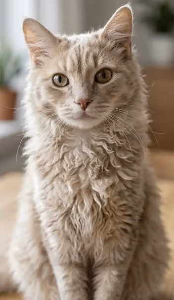 LaPerm Katze sitzend frontal zur Kamera