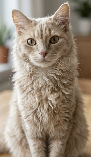 LaPerm Katze sitzend frontal zur Kamera