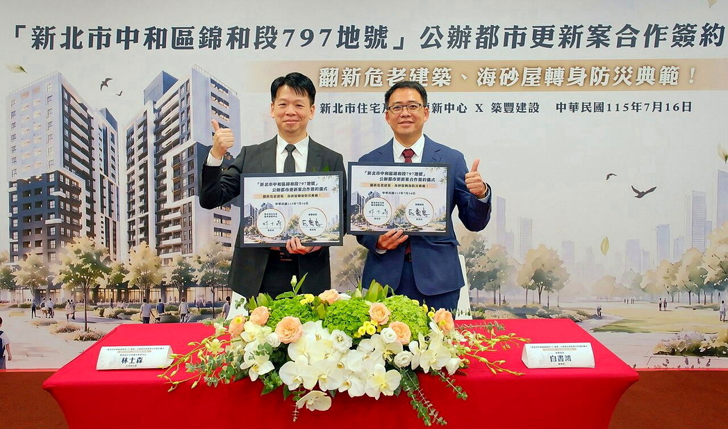 築豐建設公司董事長白書鴻(右)與新北市住都中心執行長林士森(左)於簽約儀式合影。...