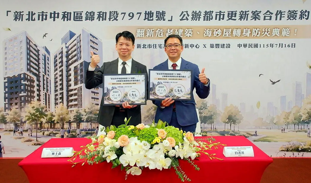 築豐建設公司董事長白書鴻(右)與新北市住都中心執行長林士森(左)於簽約儀式合影。...