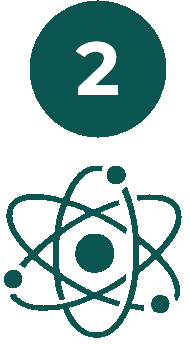 Dark green circle with number 2 above a simple atomic model icon.