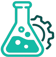 Blue-green chemistry flask with bubbles and a gear behind it representing formulation or lab process.