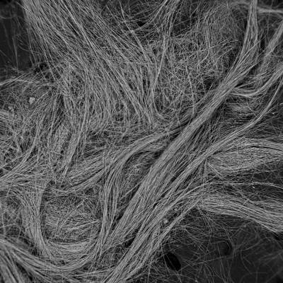 Close-up of tangled, flowing strands of hair in grayscale.