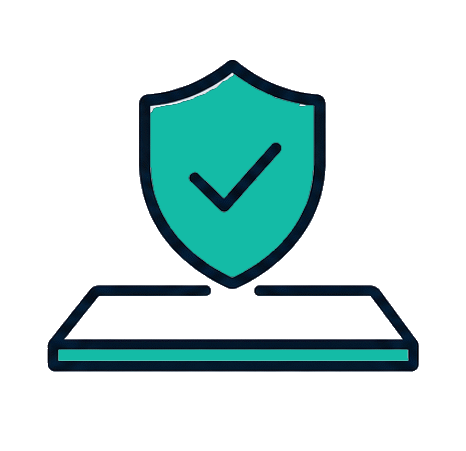 Shield with a checkmark above a rectangular surface, symbolizing protection or security.