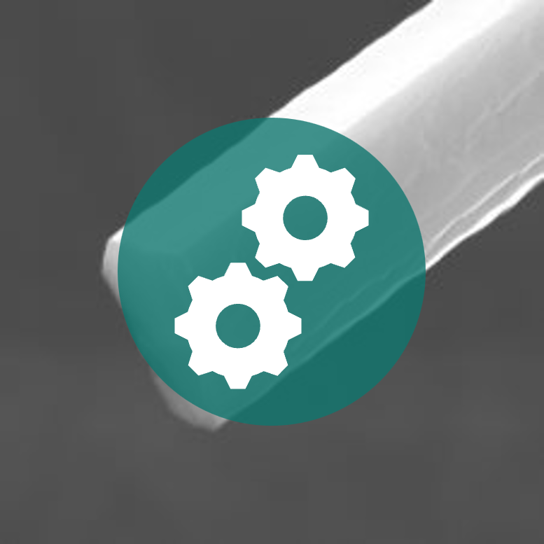 Two white gear icons inside a teal circle over a grayscale background with a rod-like shape.