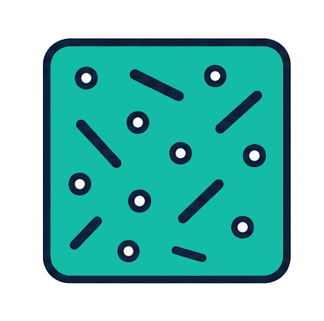 Square icon with scattered small circles and short diagonal lines on a teal background.