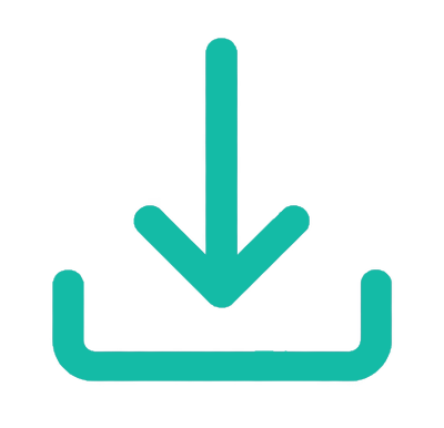 Turquoise download arrow pointing down into a horizontal tray or base.