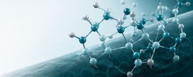 Abstract molecular structure model with connected spheres over a teal textured surface background.