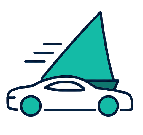 Illustration of a car with a sail attached, suggesting a hybrid of a car and a sailboat.