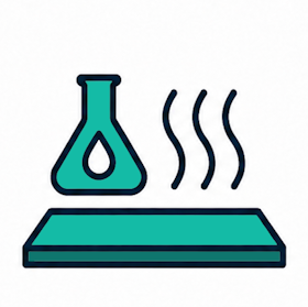 Diagram with three molecular structures above a rectangular platform, representing chemical surfaces.