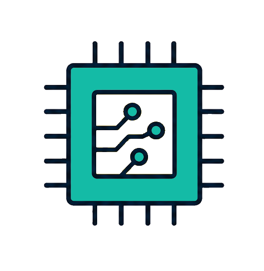 Blue circles and lines randomly placed inside a teal rounded square with dark border.