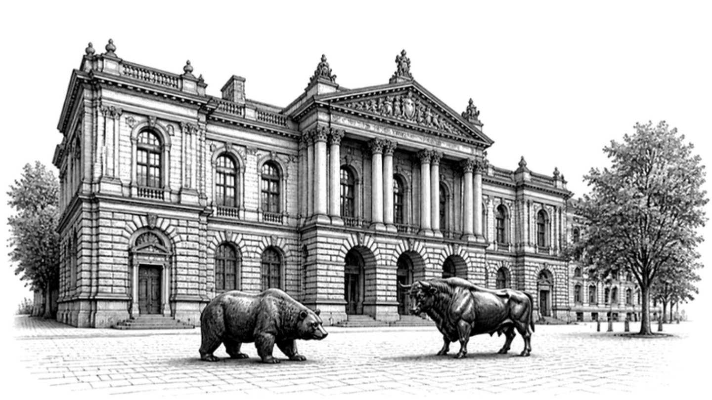 Engraved illustration of the Frankfurt Stock Exchange with the bull and bear sculptures