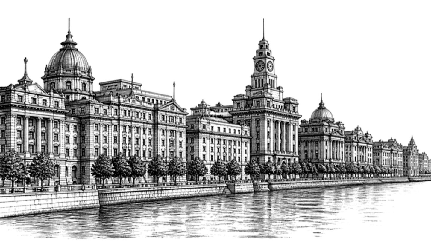 Engraved illustration of the historic Bund waterfront in Shanghai