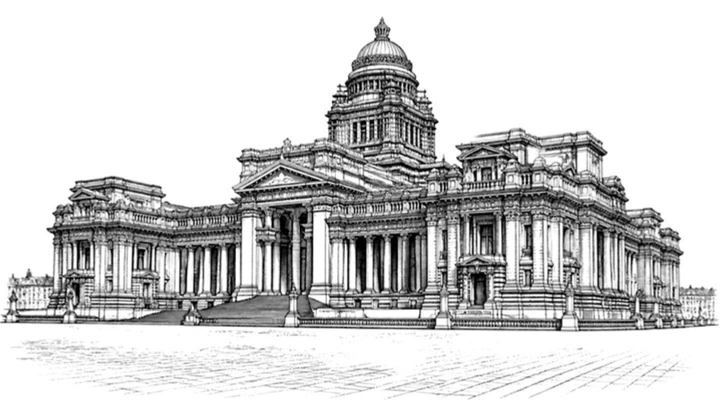 Engraved illustration of the Palace of Justice in Brussels