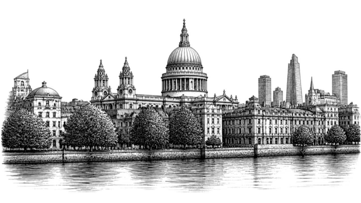 Engraved illustration of the City of London skyline with St Paul's Cathedral