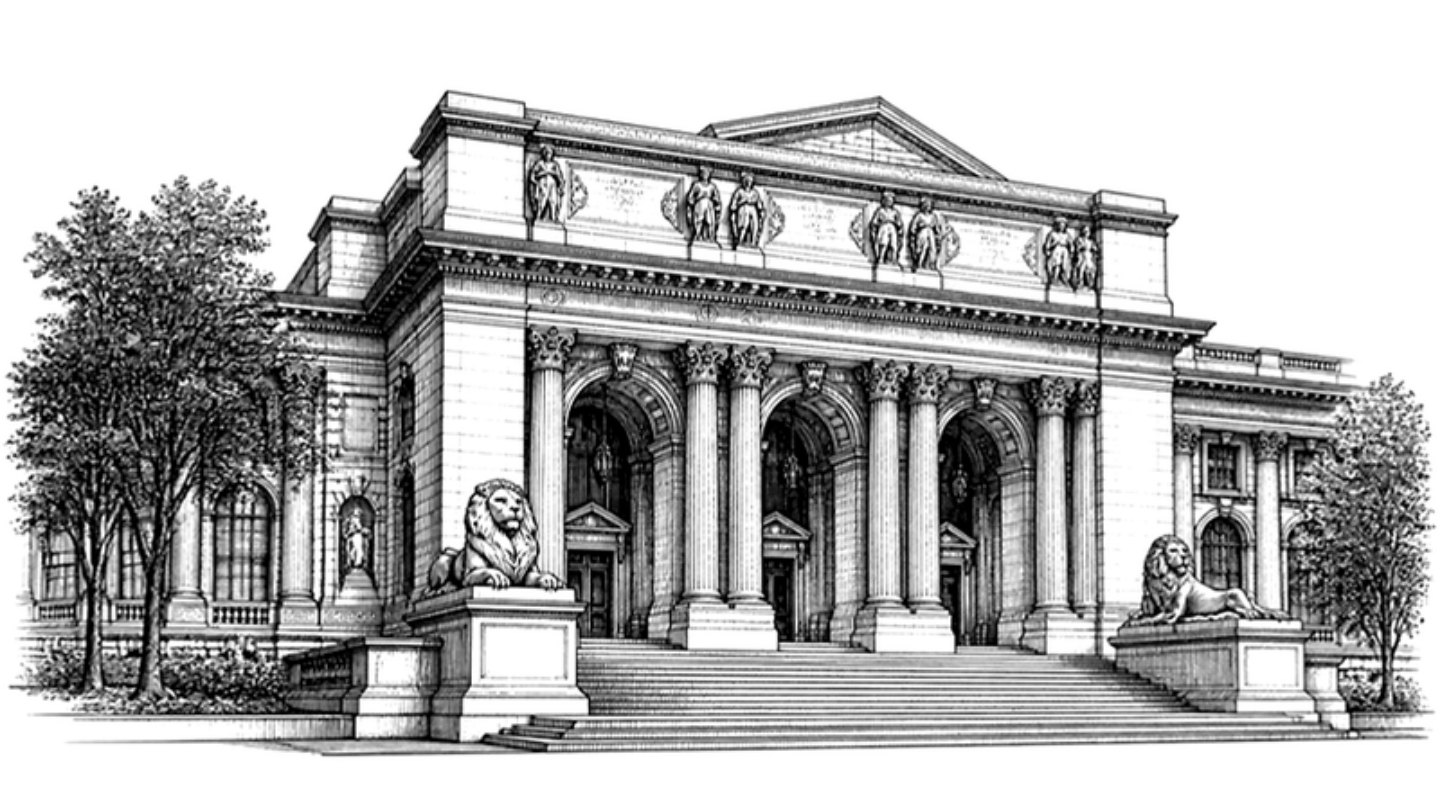 Engraved illustration of the New York Public Library with its stone lions