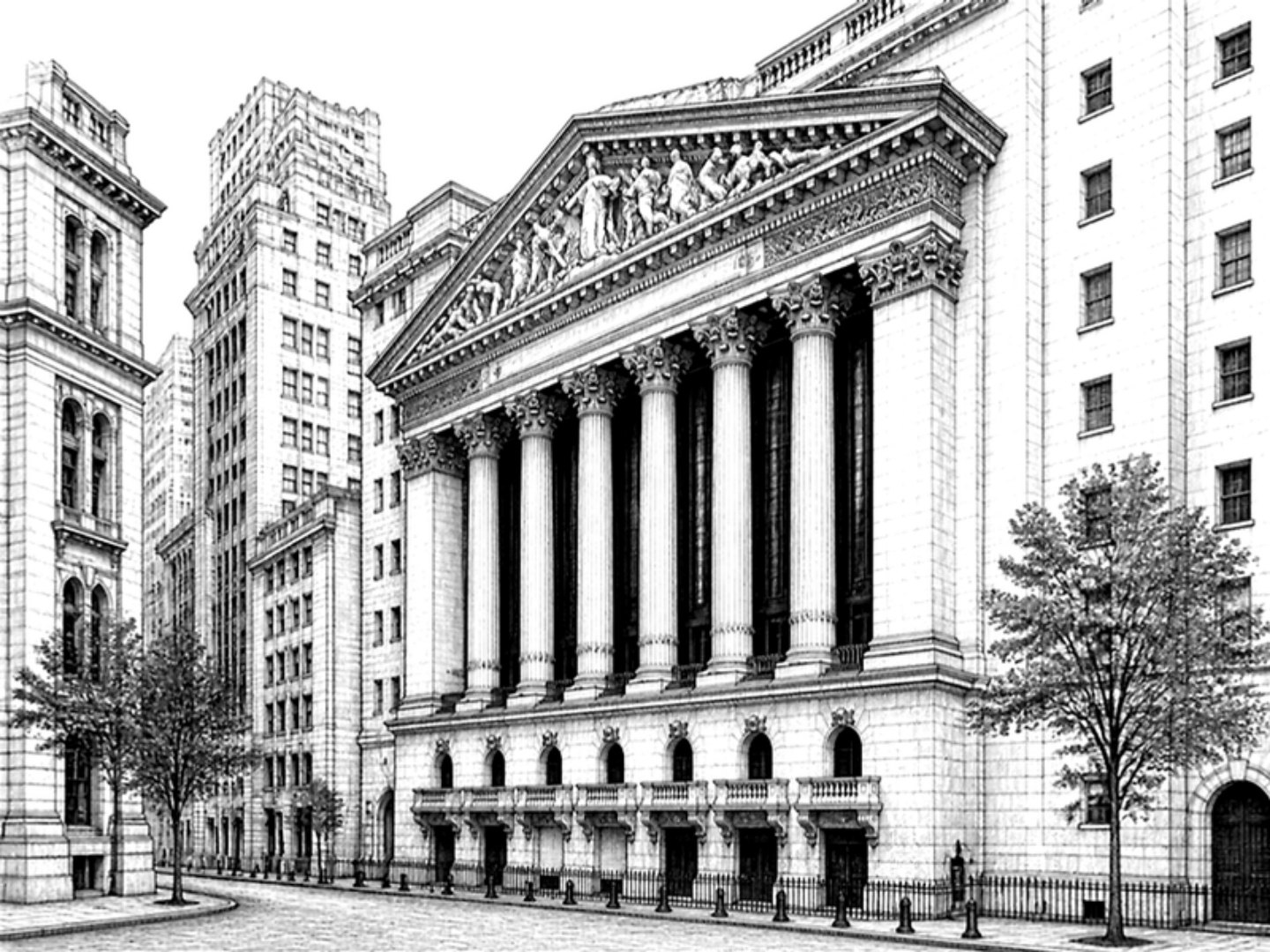 Engraved illustration of a classical stock exchange facade