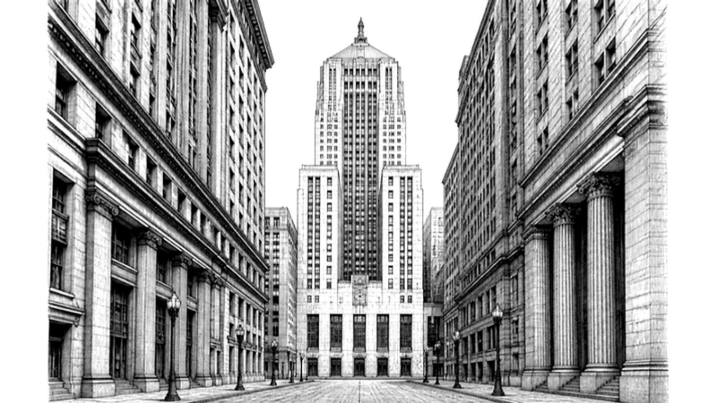 Engraved illustration of the Chicago Board of Trade Building on LaSalle Street