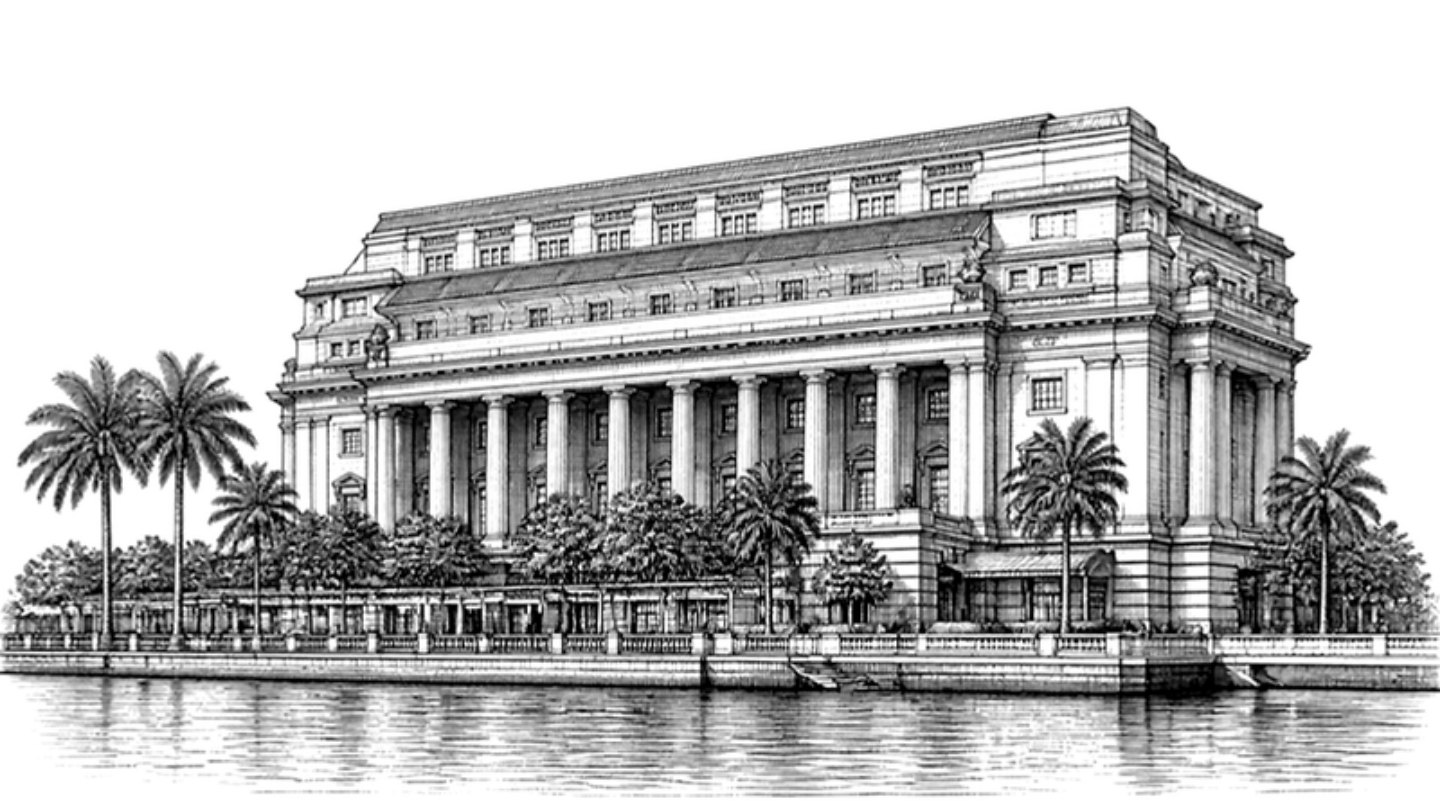 Engraved illustration of the Fullerton Building on the Singapore waterfront
