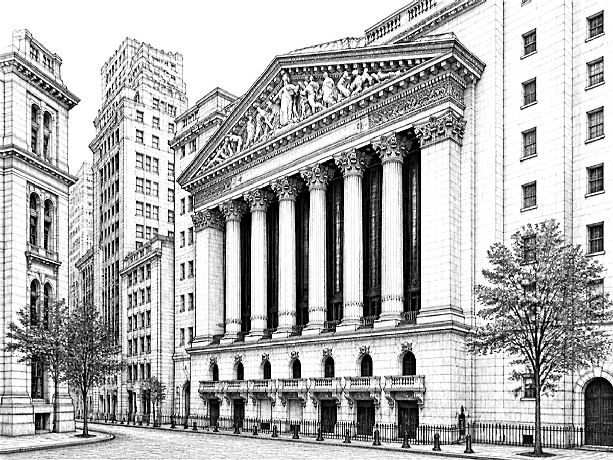 Engraved illustration of a classical stock exchange facade