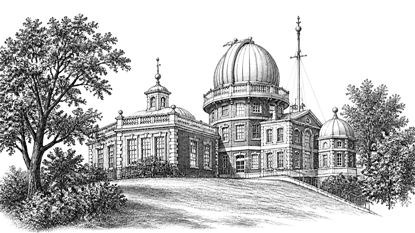 Engraved illustration of a historic astronomical observatory on a hill