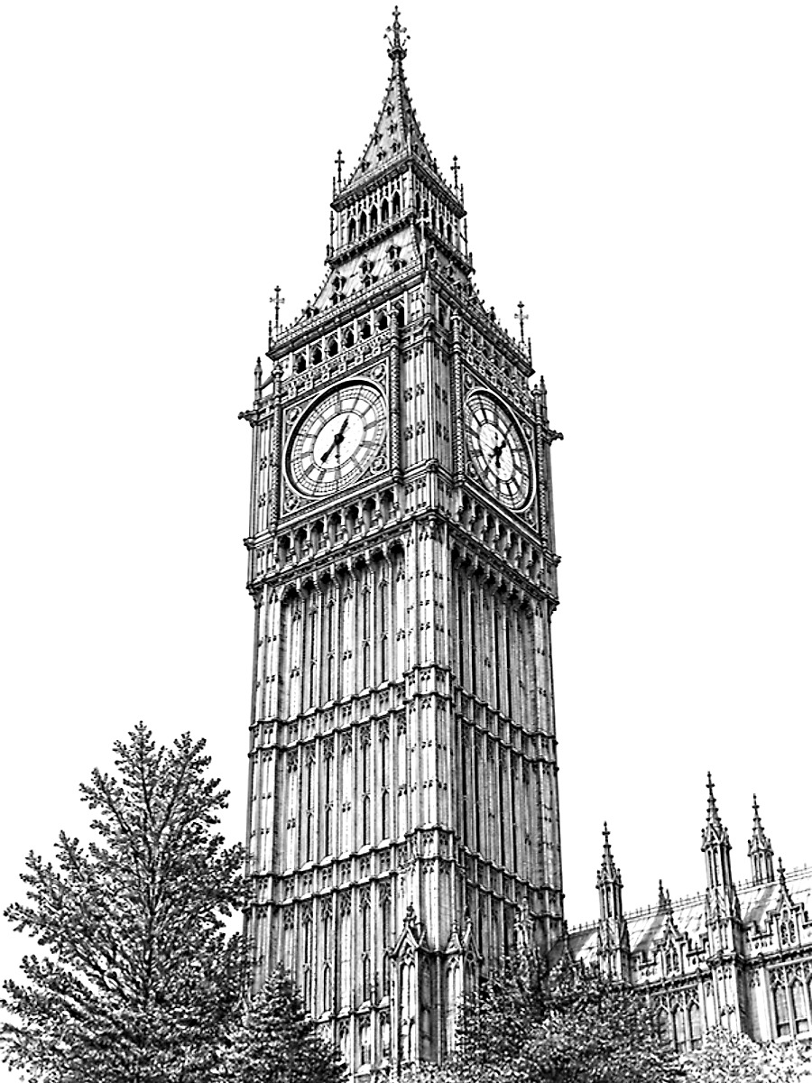 Engraved illustration of a Gothic clock tower